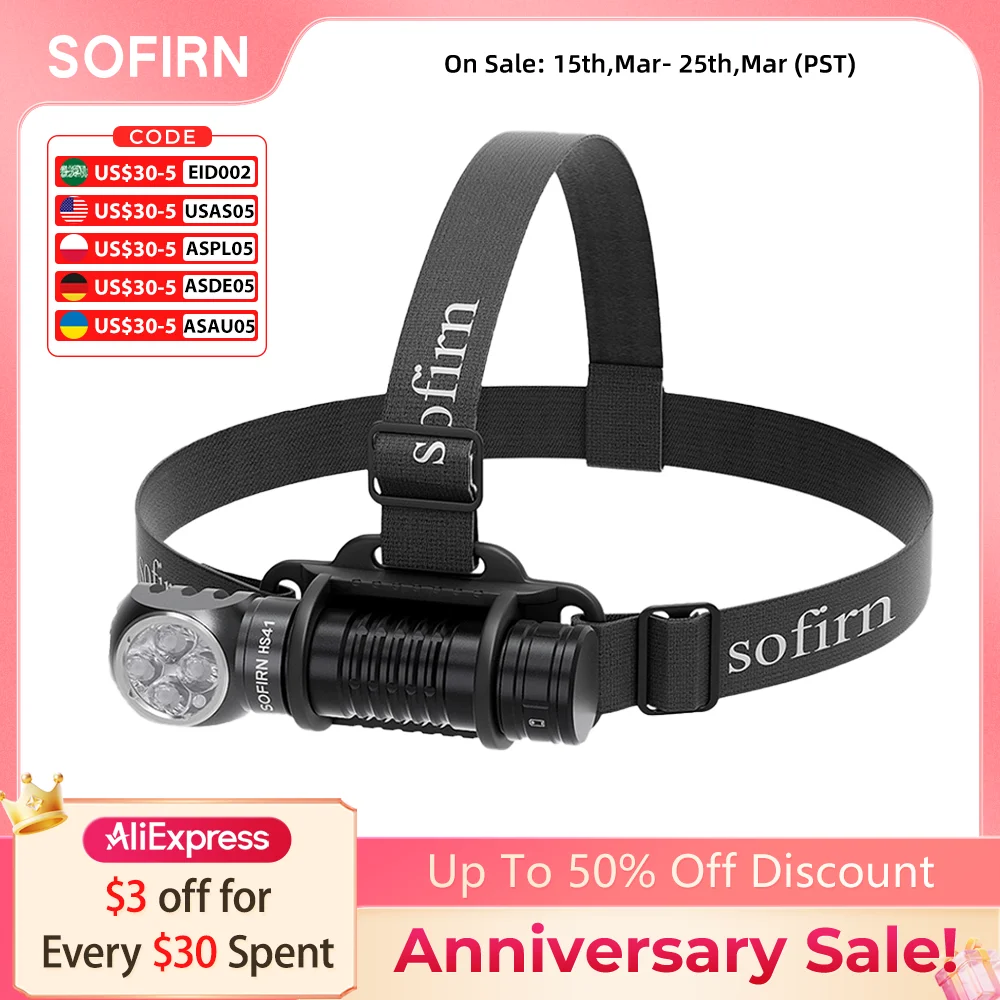 Sofirn Headlamp HS41 6500k SST20 LED  21700 USB C Rechargeable with 4000lm Powerful Torch Indicator with Magnet Tail