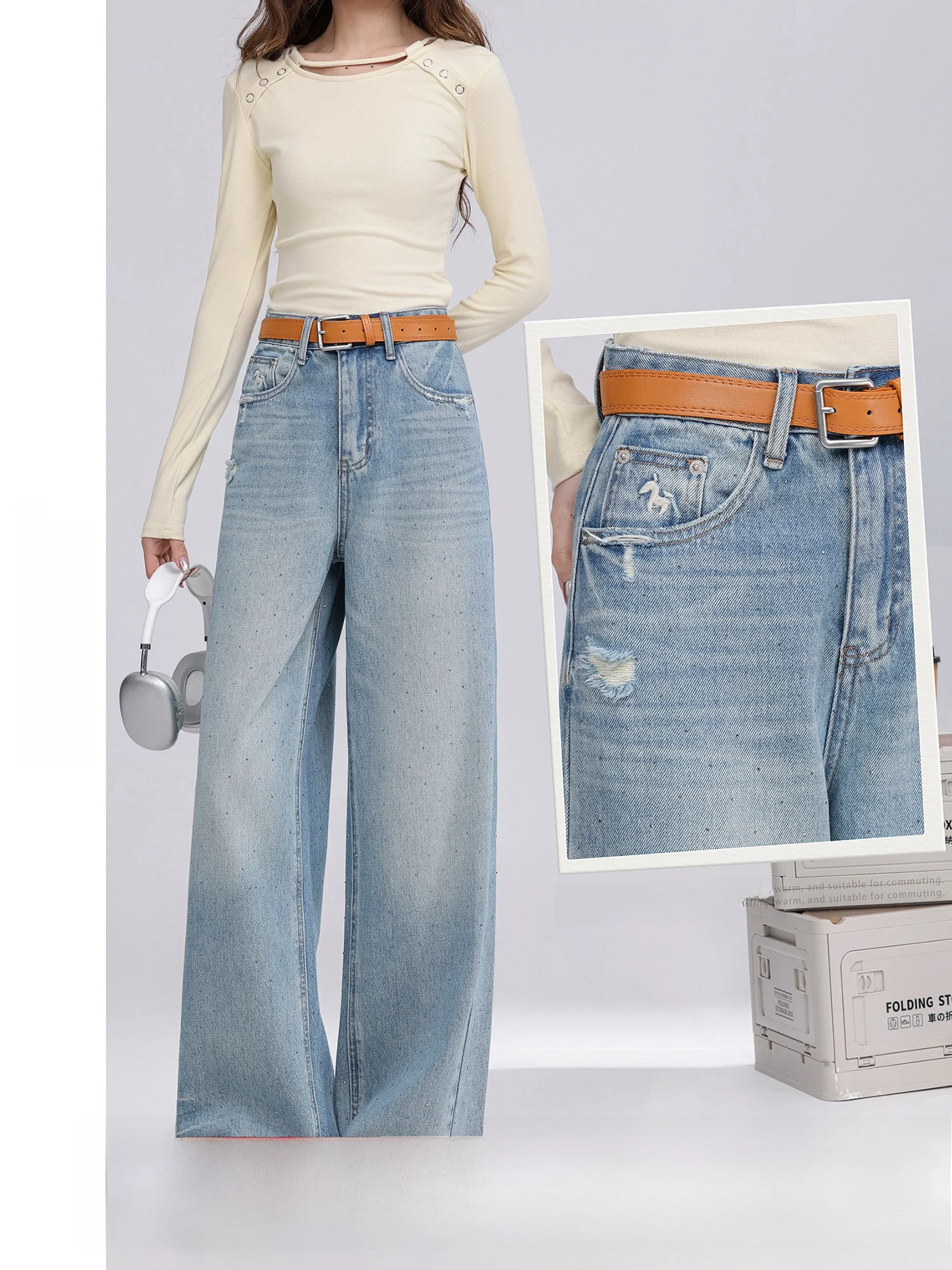 

High Waist Wide Leg Denim Jeans Women's Spring New Versatile Hole Iron Diamond Pants Comfortable Fit Casual Daily Wear