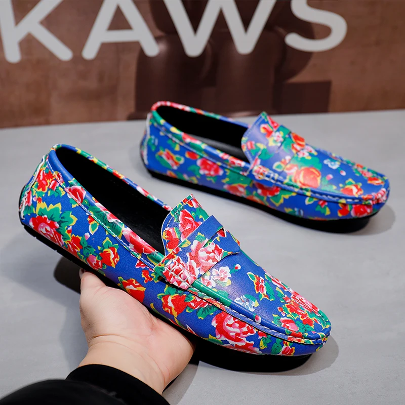 Fashion Men Party Shoes Penny Loafers Blue Red Wedding Loafers Big Size 48 47 Moccasins Slip On Driving Shoes Flower Flats Man