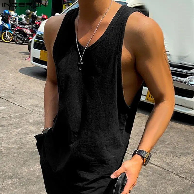 

INCERUN Tops 2024 Korean Style Men's Loose O-neck Sleeveless Vests Casual Streetwear Male Solid All-match Simple Tank Tops S-5XL