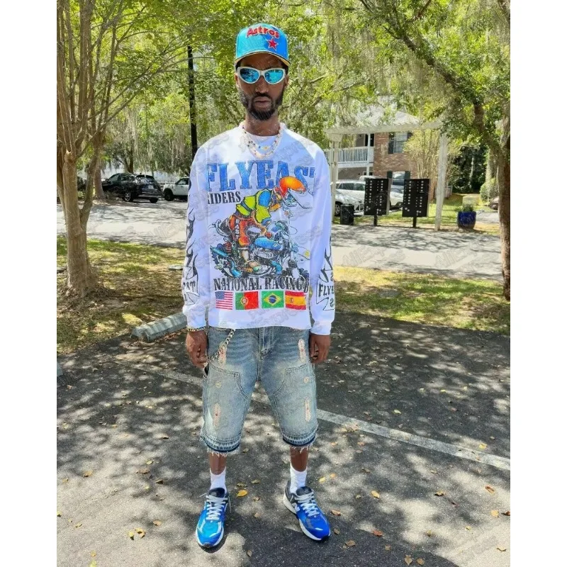 

2025 Summer High Street Retro Fashion Brand Fashion Long Sleeve Anime Motorcycle Printed Y2k Harajuku Leisure Sports Outdoor