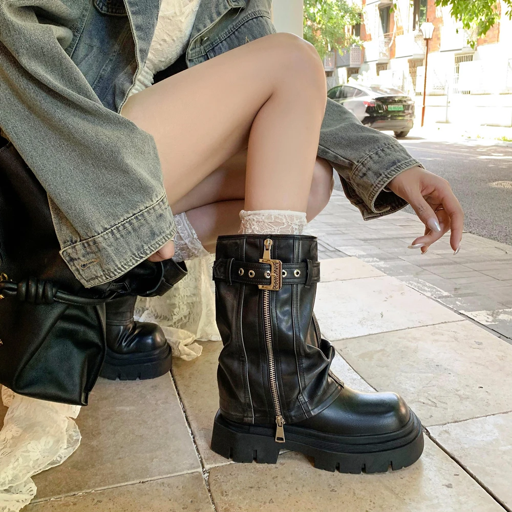 Punk Style Platform Boots Women Fashion Metal Buckles Side Zippers Chunky Boots