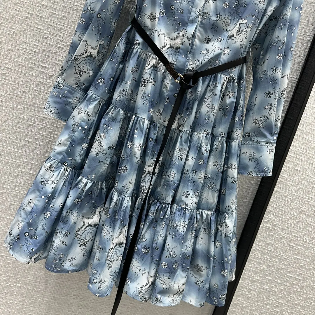 Vestido Midi con estampado Floral de unicornio para mujer, manga larga, cuello vuelto, cinturón, algodón, línea A, alta calidad, Primavera, nuevo