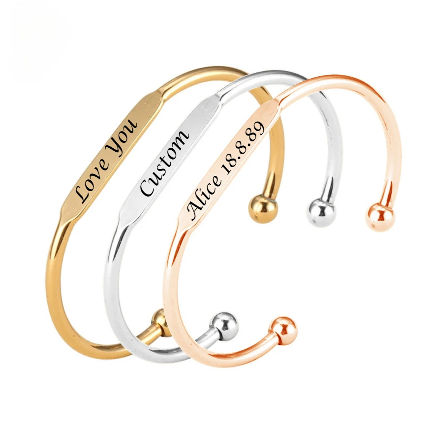 Customized Stainless Steel ID Bangle DIY Name Bracelet with Double Head Round Beads Personalized for Women Party Gift