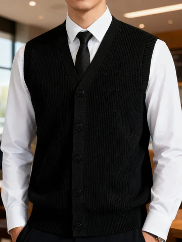 LVLAEA Men's Sleeveless Knitted Waistcoat Solid Color Textured Classic Old Money Autumn Spring Outdoor Single Breasted