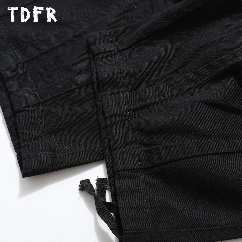 Pocket Cargo Pants Mens Solid Color Casual Safari Style Drawstring Wide Leg Dungarees Men Trousers