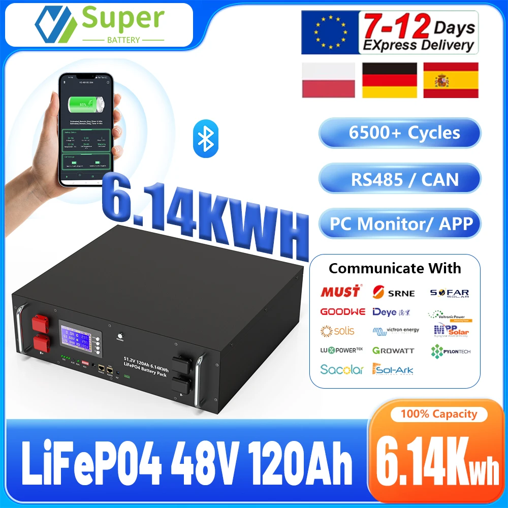 Batería LiFePO4 48V 120Ah 6Kwh 6000 Ciclos Bluetooth 100A RS485 CAN BMS Monitor de PC 51.2V 100Ah 150Ah Batería de Litio STOCK PL EU