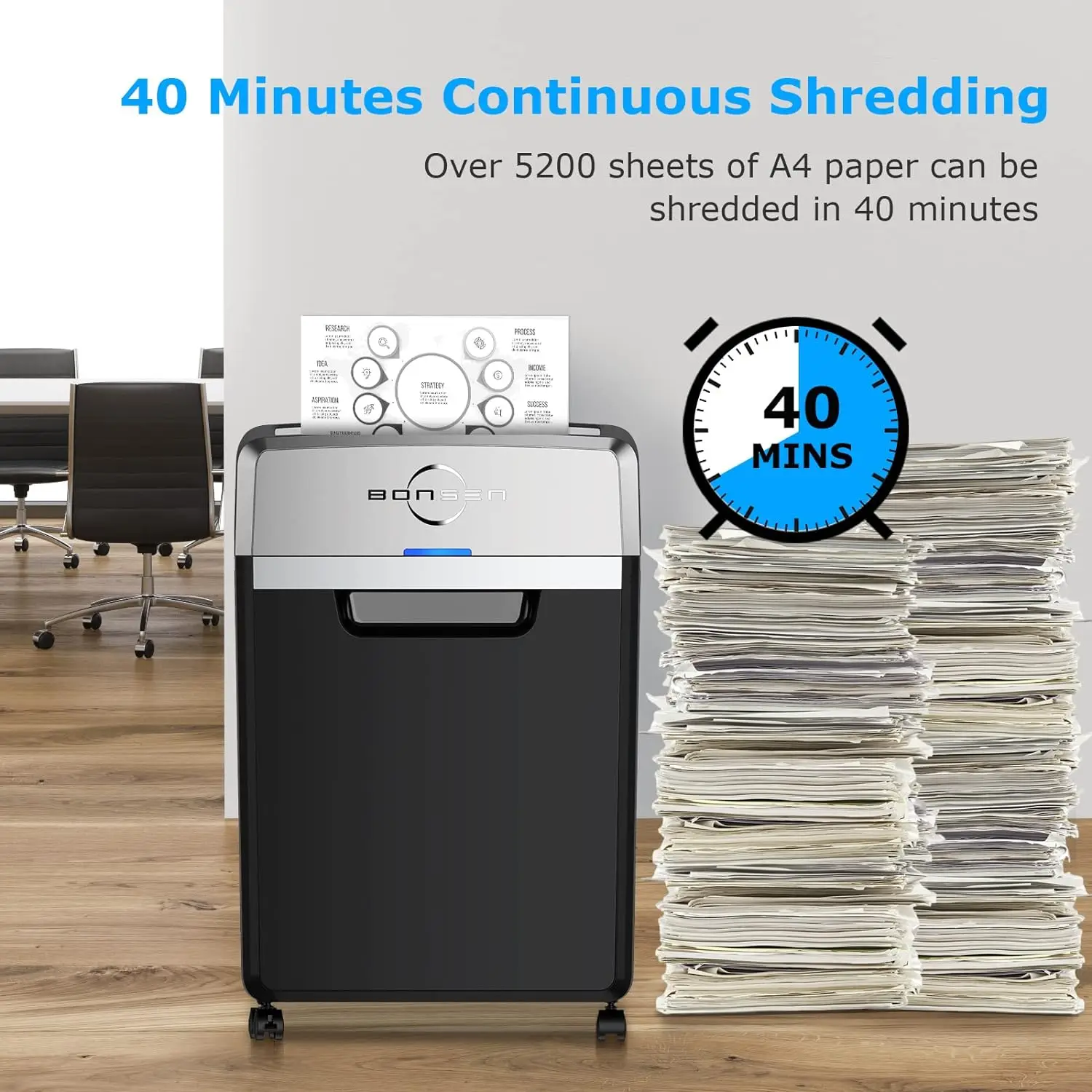 BONSEN Heavy Duty Paper Shredder, 24-Sheet Cross-Cut Shredder, 40-Min Continuous Running Time, Commercial Grade