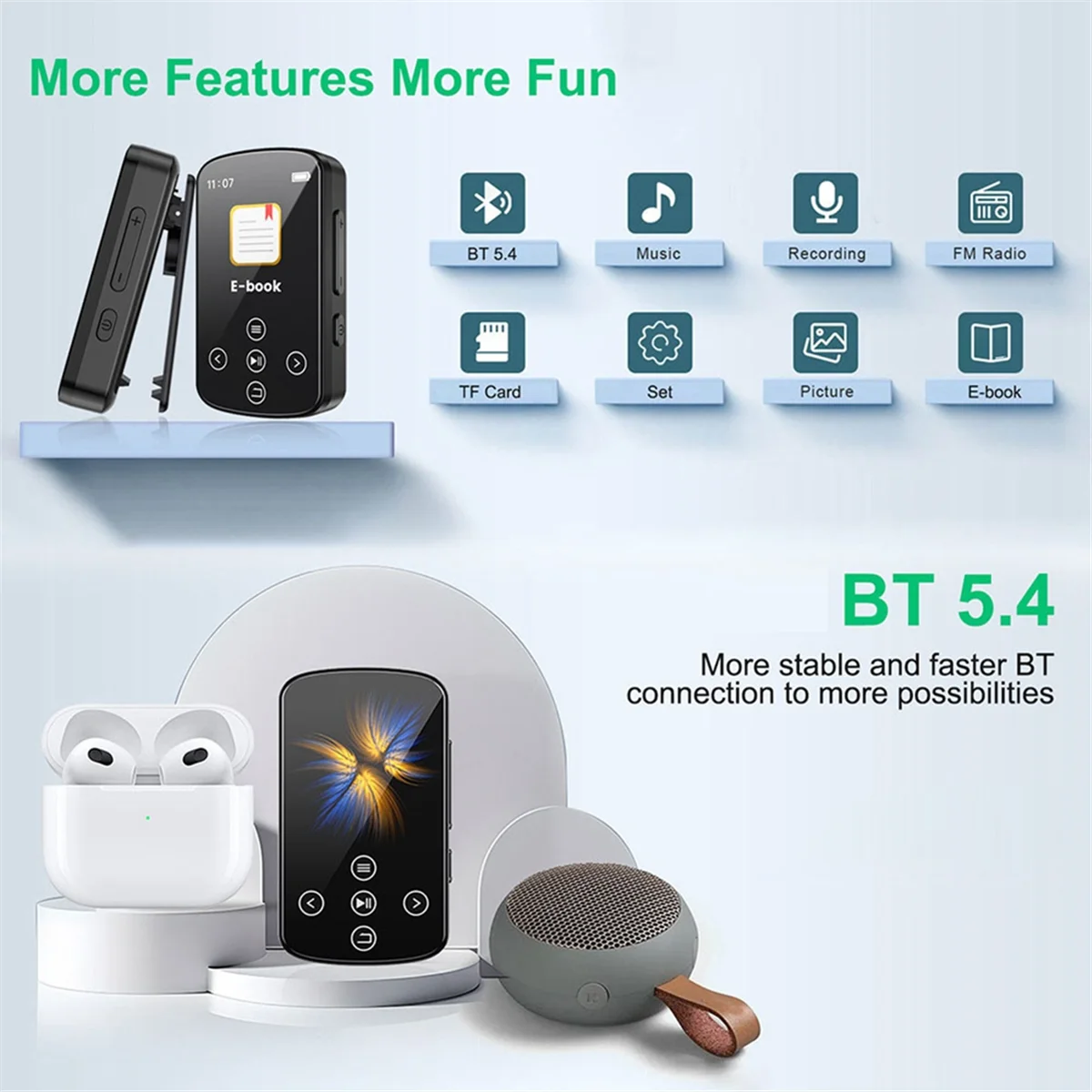 

A74Z Bluetooth MP3-плеер Спортивный музыкальный плеер с зажимом на спине Hi-Fi Звук Спортивный плеер 1,5-дюймовый экран с FM-радио Электронная книга 32G