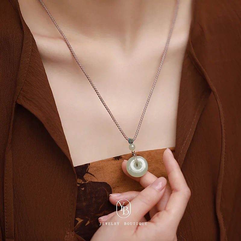 Ping an Xi Le Hetian Jade Safety Buckle Pendant Necklace Braid Rope Natural Jade Clavicle Chain Retro Temperament Entry Lux Wome