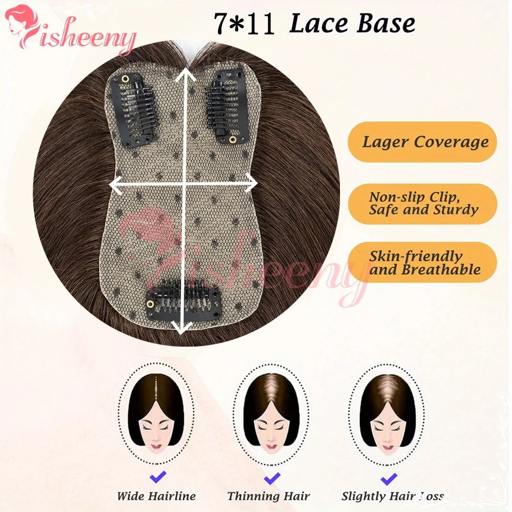 Isheeny Real Human Hair Topper 7×11cm Breathable Mesh Base, 360°Full‑Coverage Clip‑In Top Hair Piece, Free Part Scalp‑Like Base For Thinning Hair Grey Roots & Receding Hairline, Secure 3‑Clips Light‑Weight Hair Topper 10Inch