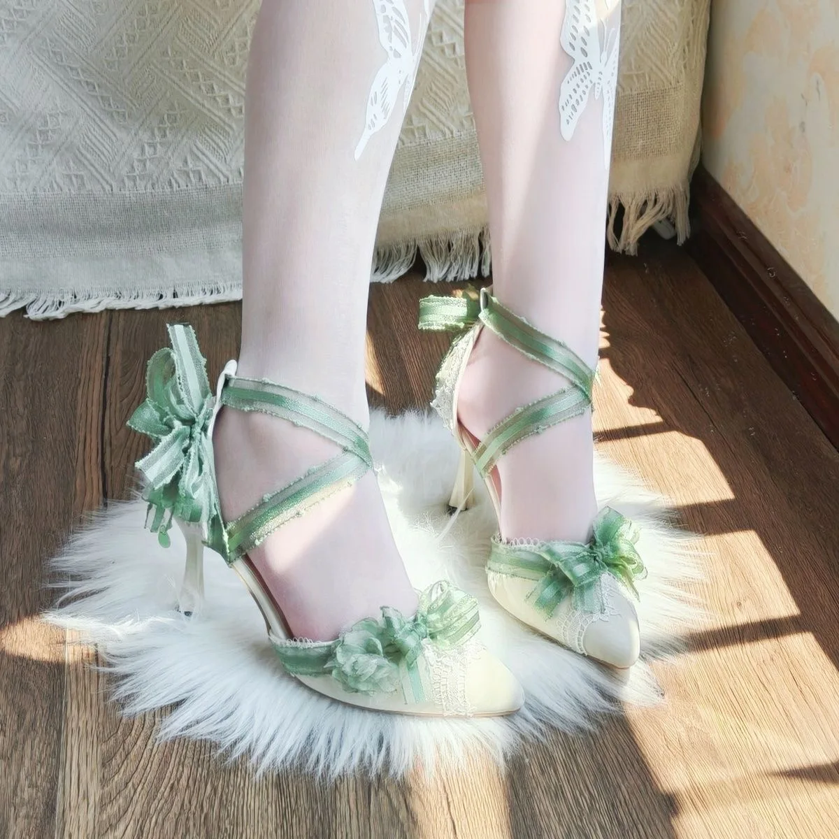 elegantes zapatos de fiesta para mujer, zapatos de novia verdes, zapatos de tacón estilo Y2K, zapatos de tacón de aguja para cosplay Lolita, zapatos Mary Jane, elegante lazo.