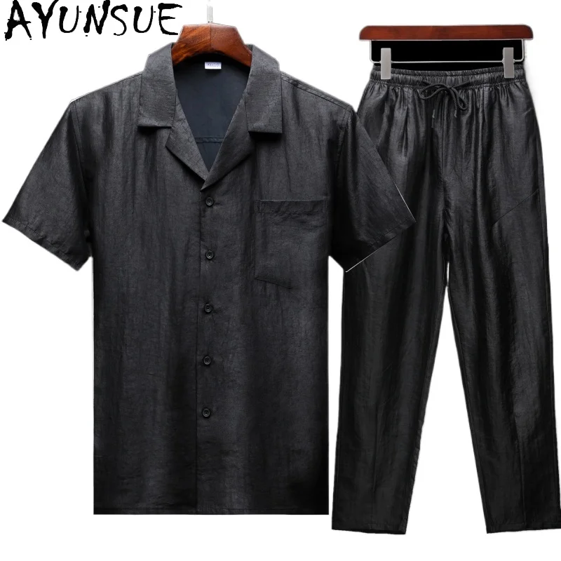 

AYUSUE 100% Mulberry Silk Summer Clothes Men 2 Piece Outfit Casual Short Sleeves Mens Shirts High Quality Suits Chemise Homme