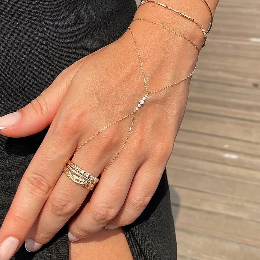 INS Minimalist Rhinestone Hand Harness Bracelet Dainty Thin Chain Finger Bracelet Women Fashion Jewelry Gifts