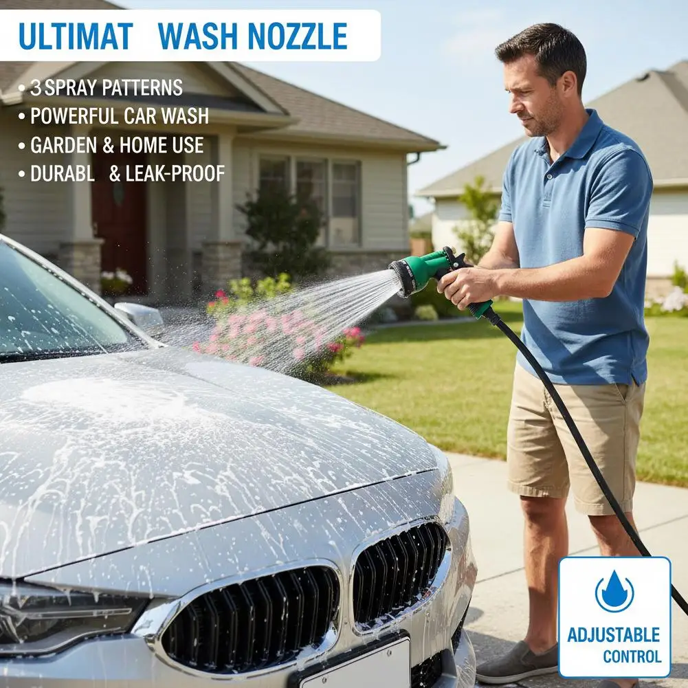 Garden Water Gun Green Multifunctional Hose Nozzle Adjustable Spray Pattern for Watering Flower Lawn Car Washing Floor Cleaning