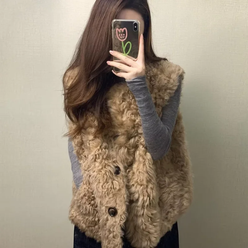 Trendy Hot Sell Korea Chic Moda Coats Lamb's Wool Premium Vintage Sleeveless Slim Harajuku Fluffy Elegant Vests