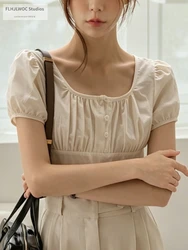 Chic Korea Japan Fenimine Clothes Women 2024 New Design Solid Retro Vintage Black Pink Cute Short Cotton Linen Tops And Blouses