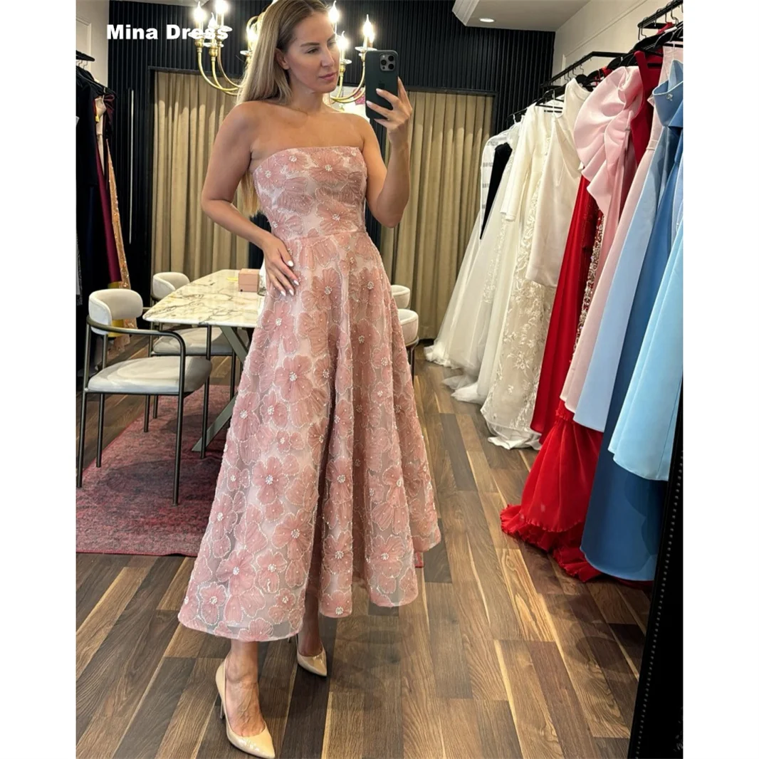 

Mina's custom pink gown, perfect for special occasions, 3D floral sequined strapless evening gown, luxurious and elegant party d