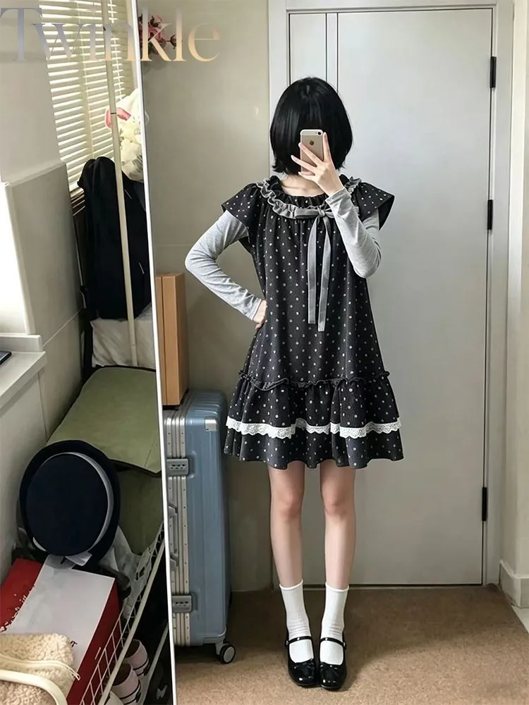 Autumn Japanese Retro Polka Dot Dress With Grey Base Shirt Petite Age Reducing Two Piece Set for Women Sweet Y2K Girl's Dress