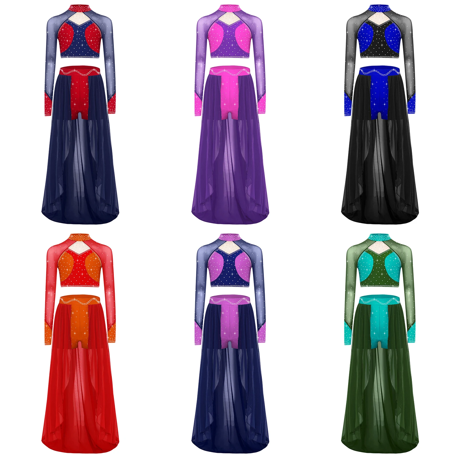 キッズガールモダン叙情的なダンス衣装光沢のあるラインストーン長袖カットアウトメッシュパッチワークカラーブロッククロップトップ+ショートパンツスカートセット