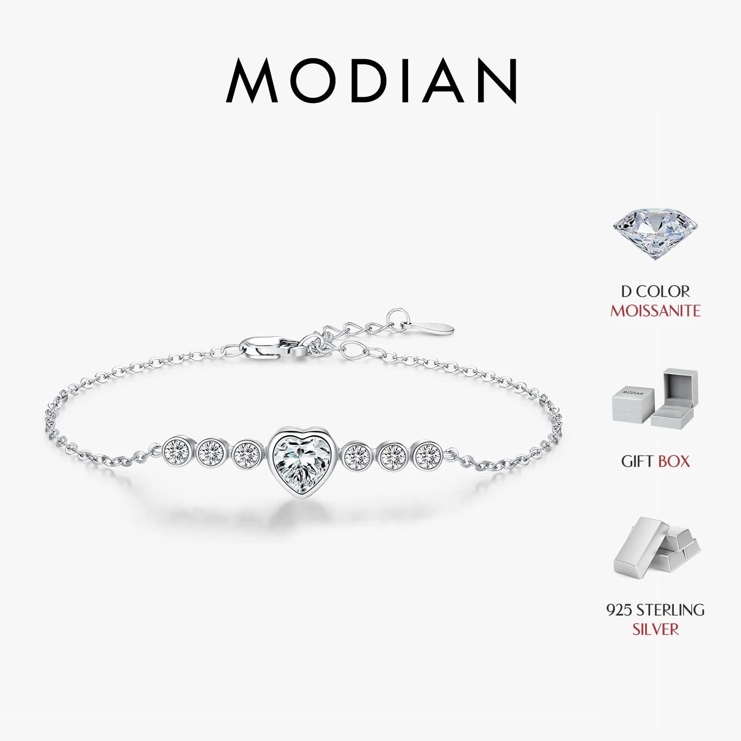 MODIAN 0.8Ct Heart Moissanite 925 Sterling Silver Adjustable Bracelet for Women Sweet Trendy Fine Jewelry Accessories Party Gift