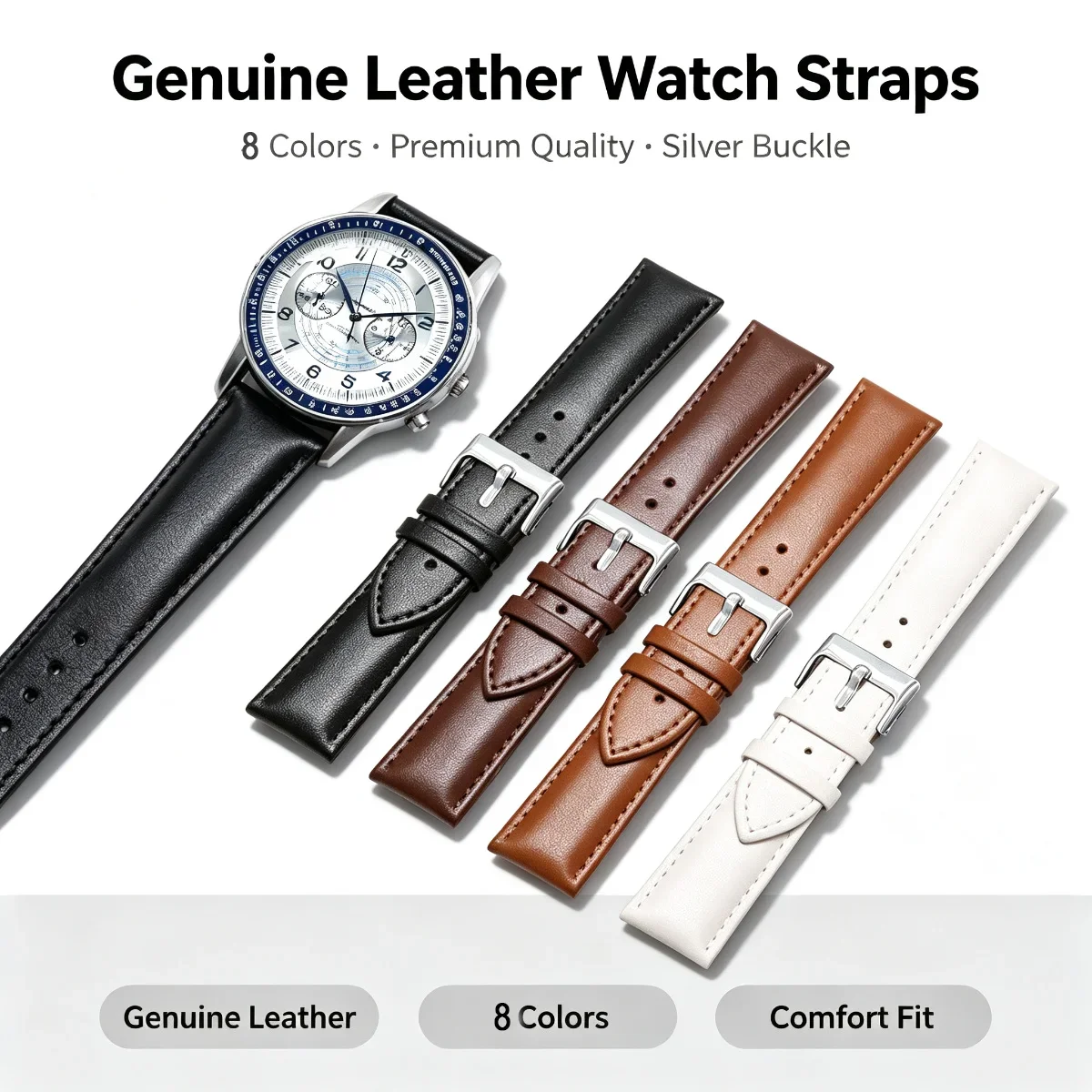 Grain Genuine Leather Watch Band 12mm 14mm 16mm 18mm 20mm 22mm Strap for Smart & Traditional Watches