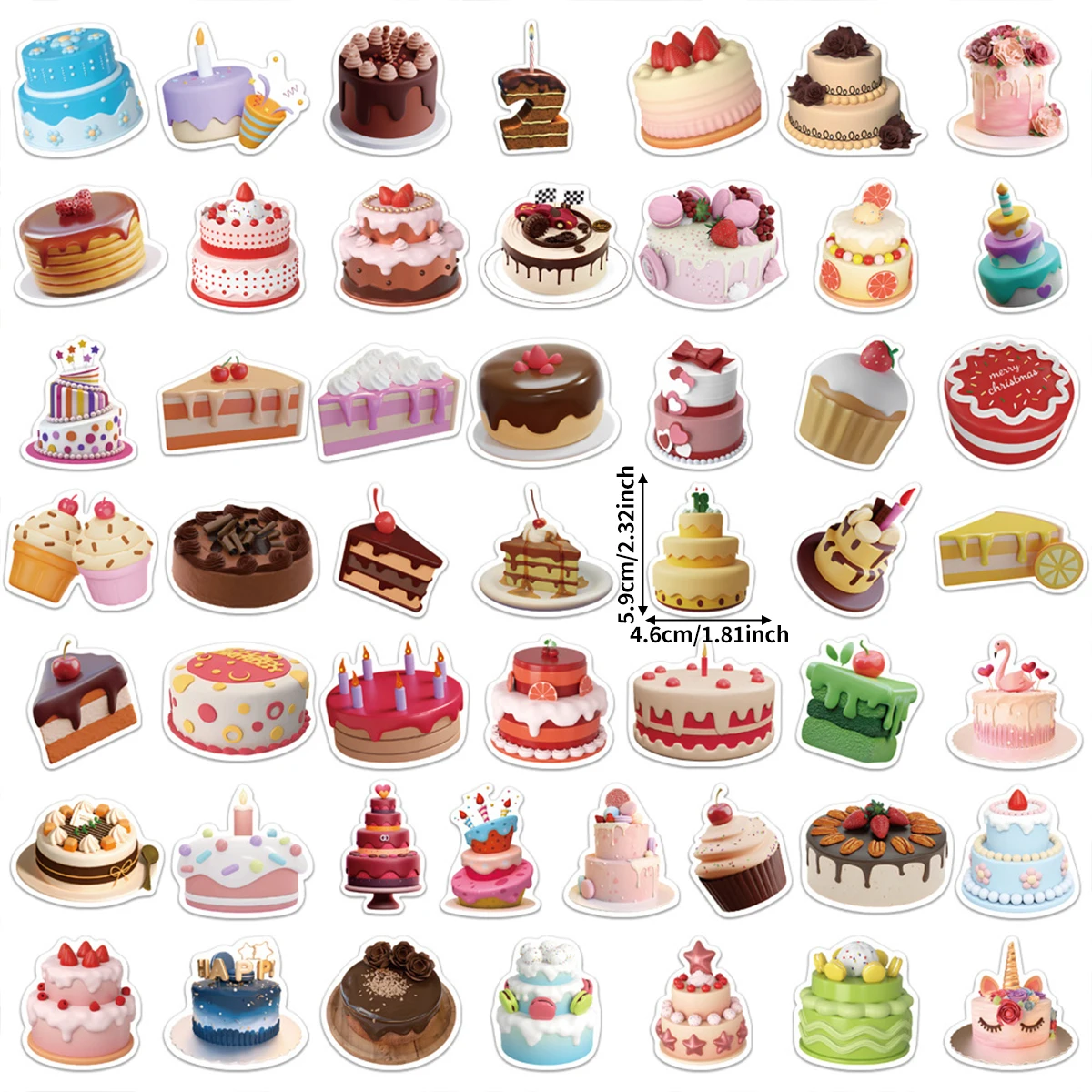 50 Pieces of Realistic Cake Stickers, Realistic 3D Style, Multi-Layered Birthday Dessert Elements, DIY Decoration Materials for Journals