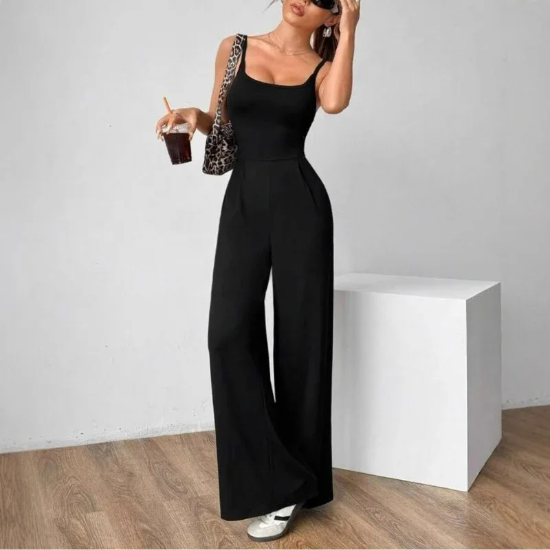 

Women Sexy Jumpsuits Backless Suspenders Rompers One Piece Overalls Sleeveless Wide Leg Pants Solid Streetwear Summer