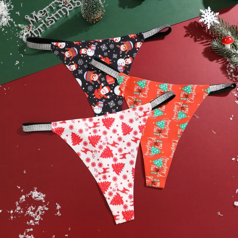 New 4Pcs Christmas Print Underwear Breathable Shiny Belt Thong Women Skin-friendly Fashionable Casual Christmas Gifts