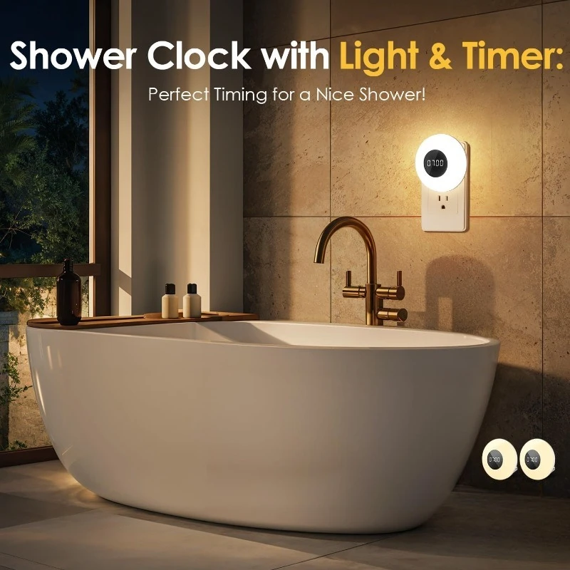 2026 New Bathroom Clock 3 Light ColorsBathroom Shower Timer Lumen Shower Lights Small Clock Plug in Timer, Dimmable Night Light