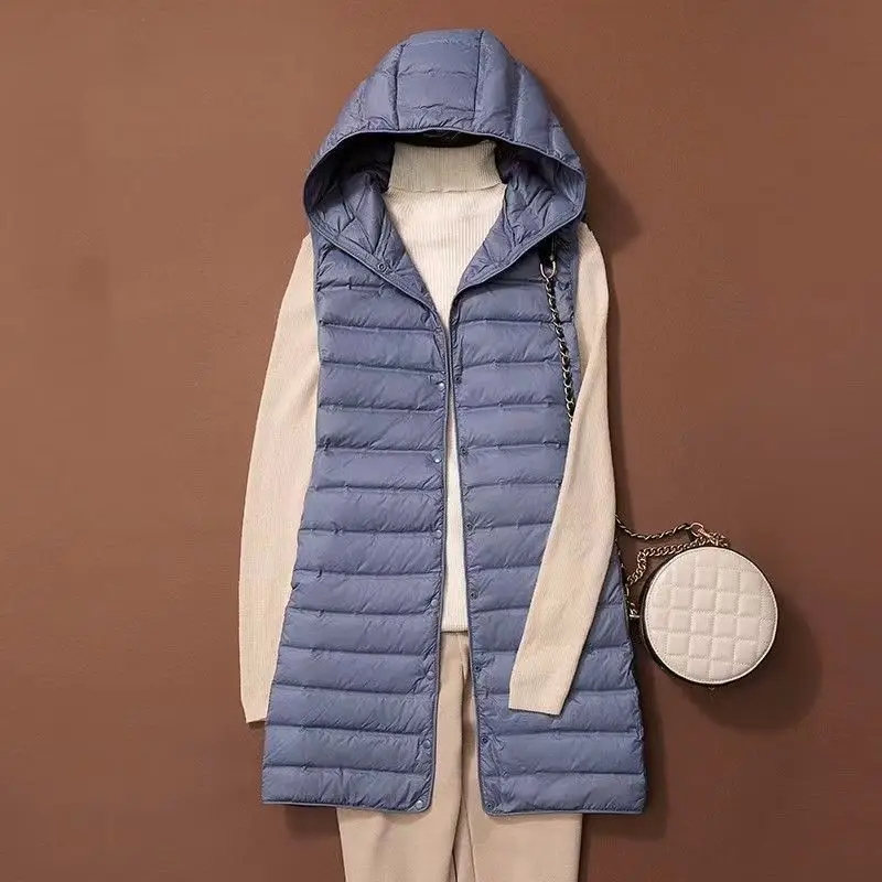 Chaleco de plumón de pato blanco para mujer, Chaqueta larga con capucha delgada, parka básica informal, ultraligera, 90%