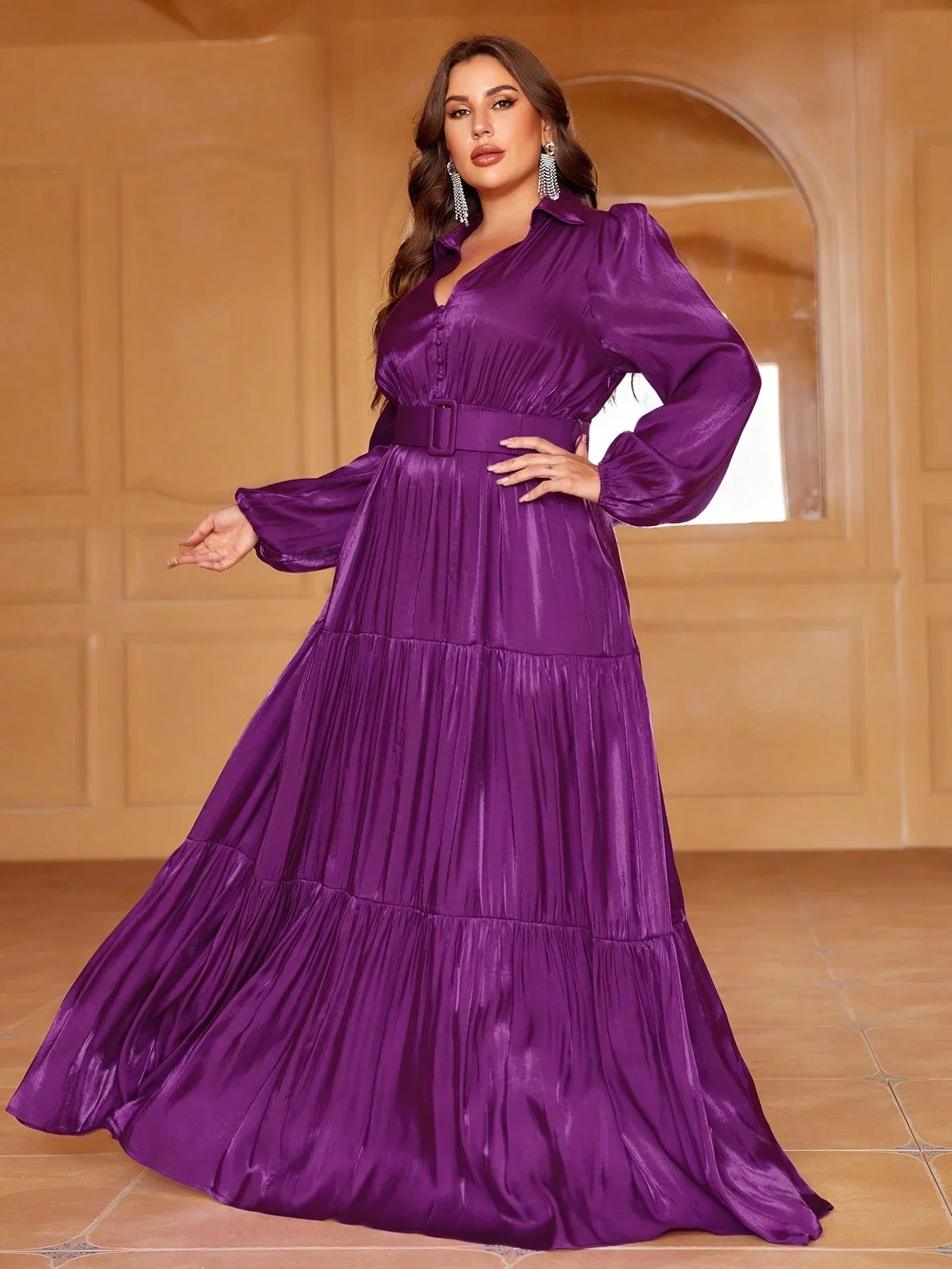 Plus Size Lantern Sleeve Ruffle Hem Belted Maxi Dress