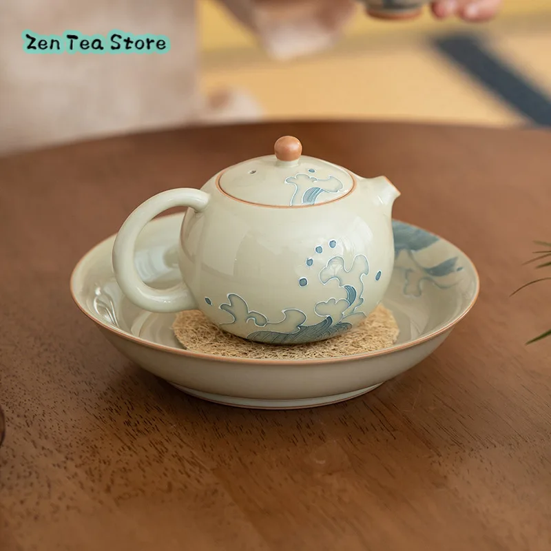 Ice Table Relief Hand-painted Waves Xishi Pot Under Glaze Color Teapot Ceramic Kung Fu Tea Set Anti-hot Tea Pot For Home Use