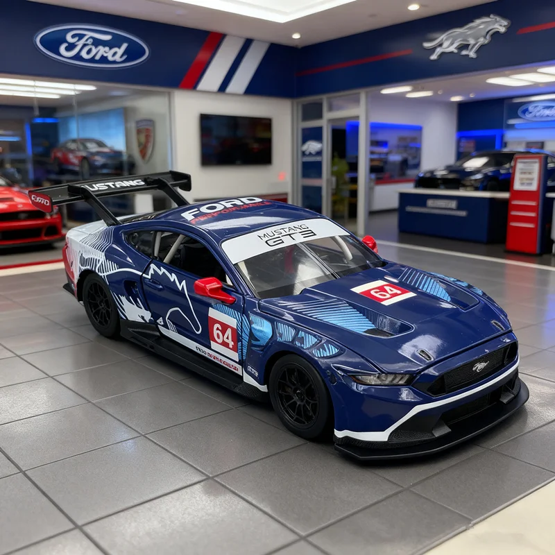 

1:24 Ford Mustang GT3 # 64, модель гоночного автомобиля из сплава, литая под давлением металлическая мускулистая спортивная машина, модель автомобиля, звуковой свет, детская игрушка в подарок
