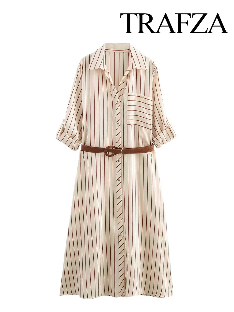 

HH Women Fashion With Belt Stripe Printed Dress Women 2025 Lapel Single-breasted Short Sleeves Pockets Commuting Midi Dress