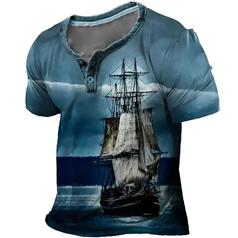 

Summer Henley Shirts Funny 3D Boat Print Men's Tees Hip Hop Trend Harajuku Vintage Clothes Fashion Henry Collar Short Sleeve Top
