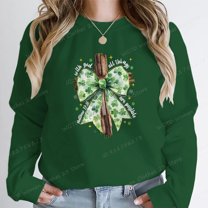 St Patrick's Day With God All Things Are Possible Sweatshirts Fall/Winter Long Sleeve O Neck Pullovers Women Hoodless Sweatshirt