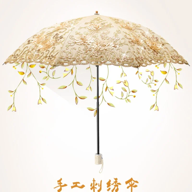 Sun Umbrella Women's Sunshade Sunscreen UV Lace Embroidery Muse Umbrella Compact Portable Umbrella Dual Use