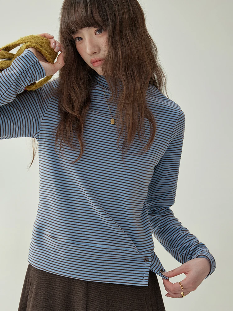 

Double-Sided Velvet Stripe T-irt Women's Winter Base Layer f-High Collar Top AMUU Original Blue Ce Pattern