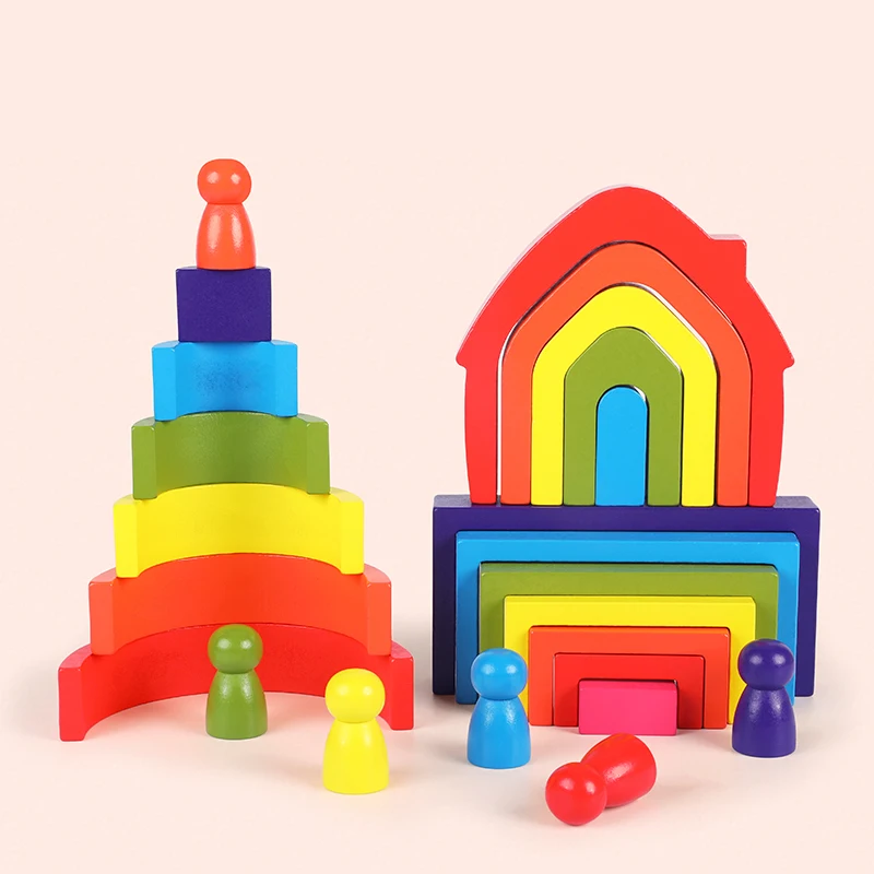 Mainan susun kayu pelangi mainan montesori permainan Puzzle anak blok bangunan geometris persegi/Arched kognisi bayi kreatif