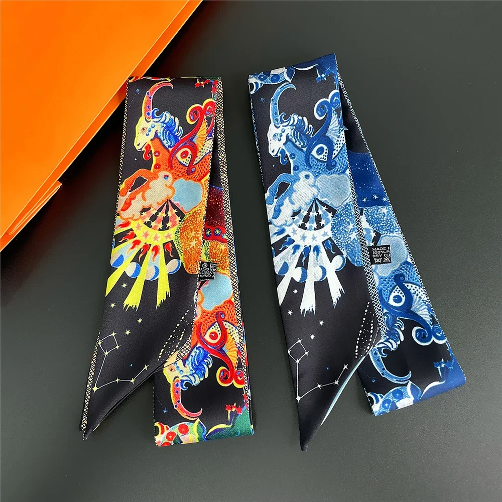 French Fashion New Tarot Retro Twelve Constellations Ladies Ornament 100% Twill Silk Scarf Streamer Long Strip Silk Scarf Ribbon