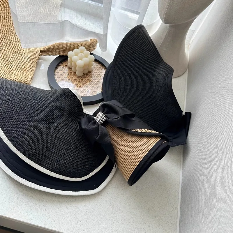 Wide Brim Uv Protection Straw Sun Visor Hat Women Foldable Empty Top Beach Hat With Black Bow Vintage Resort Beach Hat