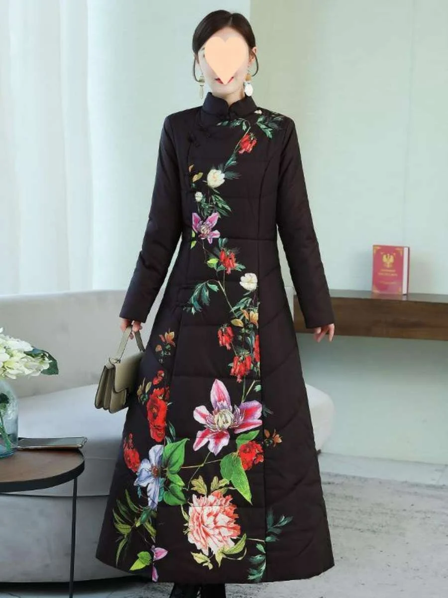 Rétro Sle Long sur le genou Thiened coton Jaet femmes imprimé ethnique Sle vêtements d'extérieur hiver Faion dames manteau