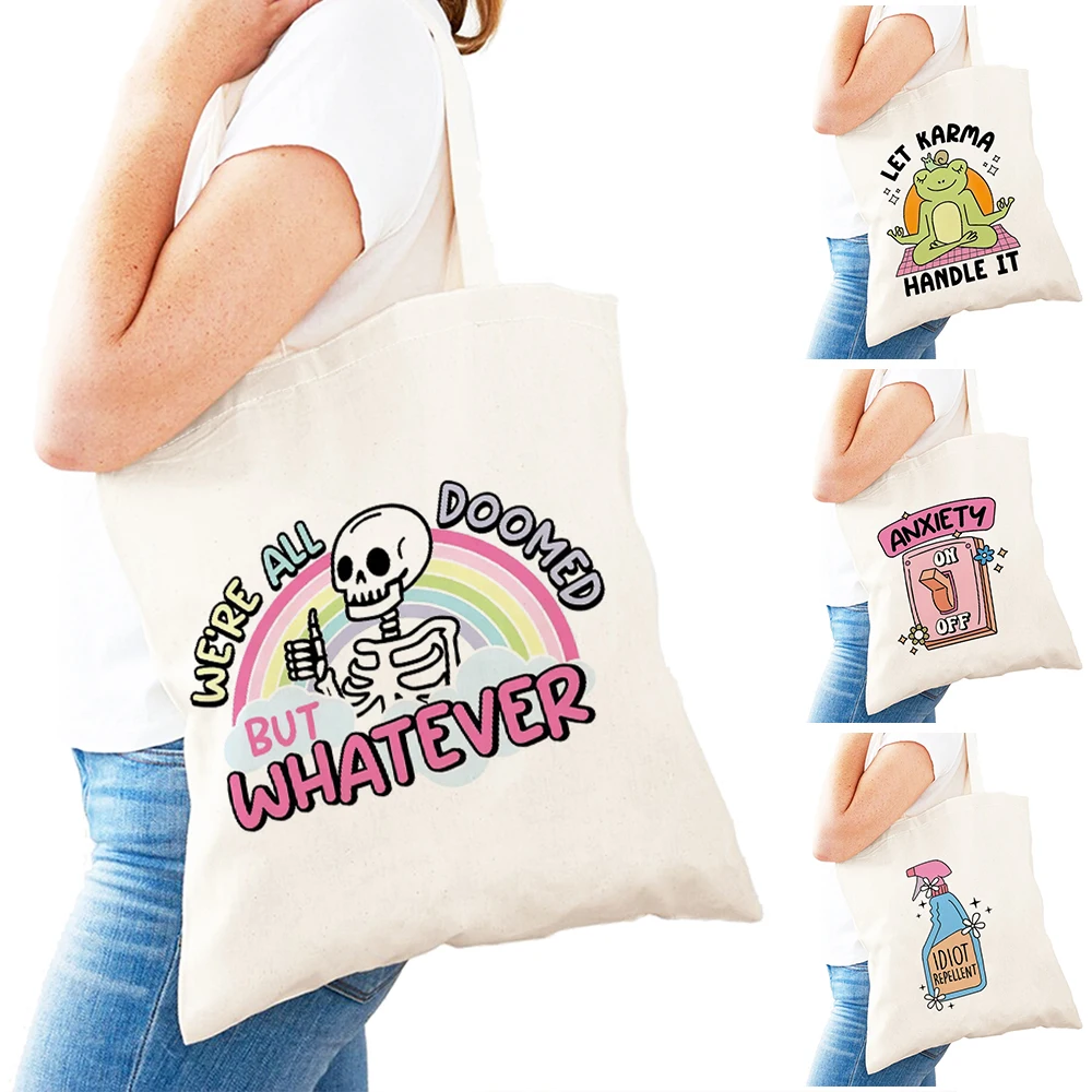 

Casual Skeleton Rainbow Lady Shopper Bags Double Print Frog Women Daily use Shoulder Handbag Anxiety Switch Girl Shopping Bag