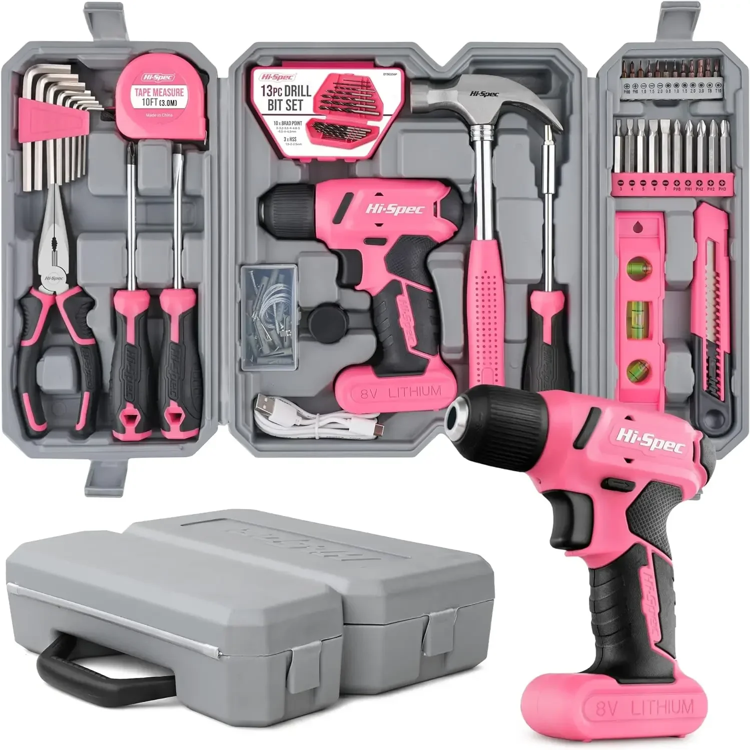 58pc Pink 8V USB Electric Drill Driver & Household Tool Kit Set With Variable Speed DIY Cordless Power Screwdriver