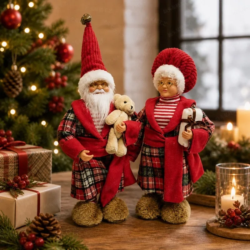 Christmas Figurine Plaid Pajama Santa Couple Figurine Standing Tabletop Home Holiday Decoration Gift