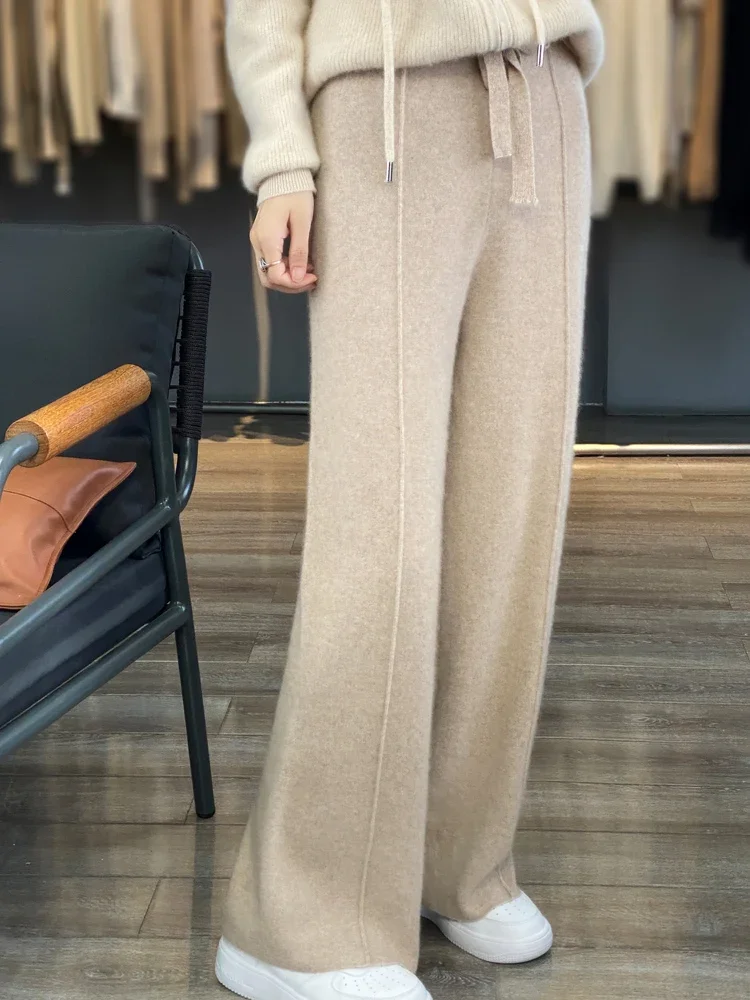 Pantaloni a gamba larga lavorati a maglia di lana Donna Autunno Inverno Pantaloni a vita alta ispessiti con sensazione di gocciolamento Pantaloni casual dritti caffè