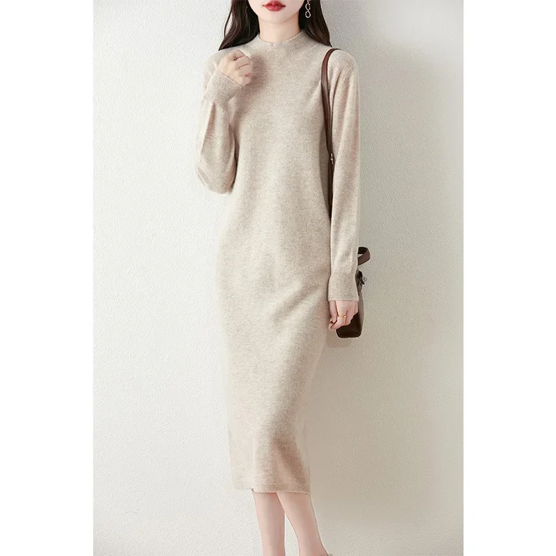 2024 Autumn/Winter New Half High Neck 100% Wool Thread Solid Color Long Sleeve Knitted Women's Fashion Casual Dress