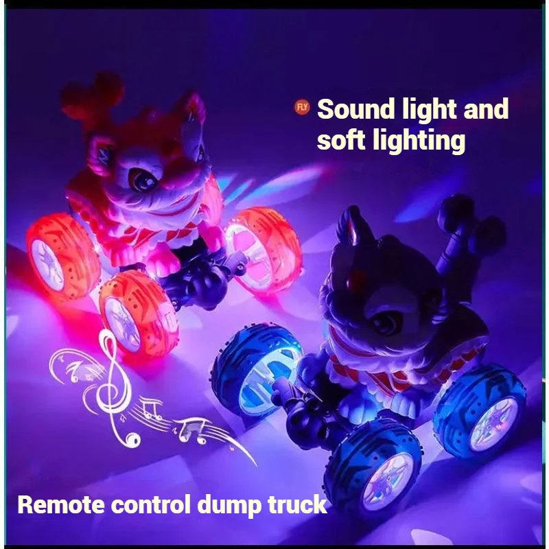 Four-Wheel Drive 2.4g Lion Dance Rolling Car Dazzling Lighting Dynamic Music Dumper Lion Dance Remote Control Car Children'S Toy