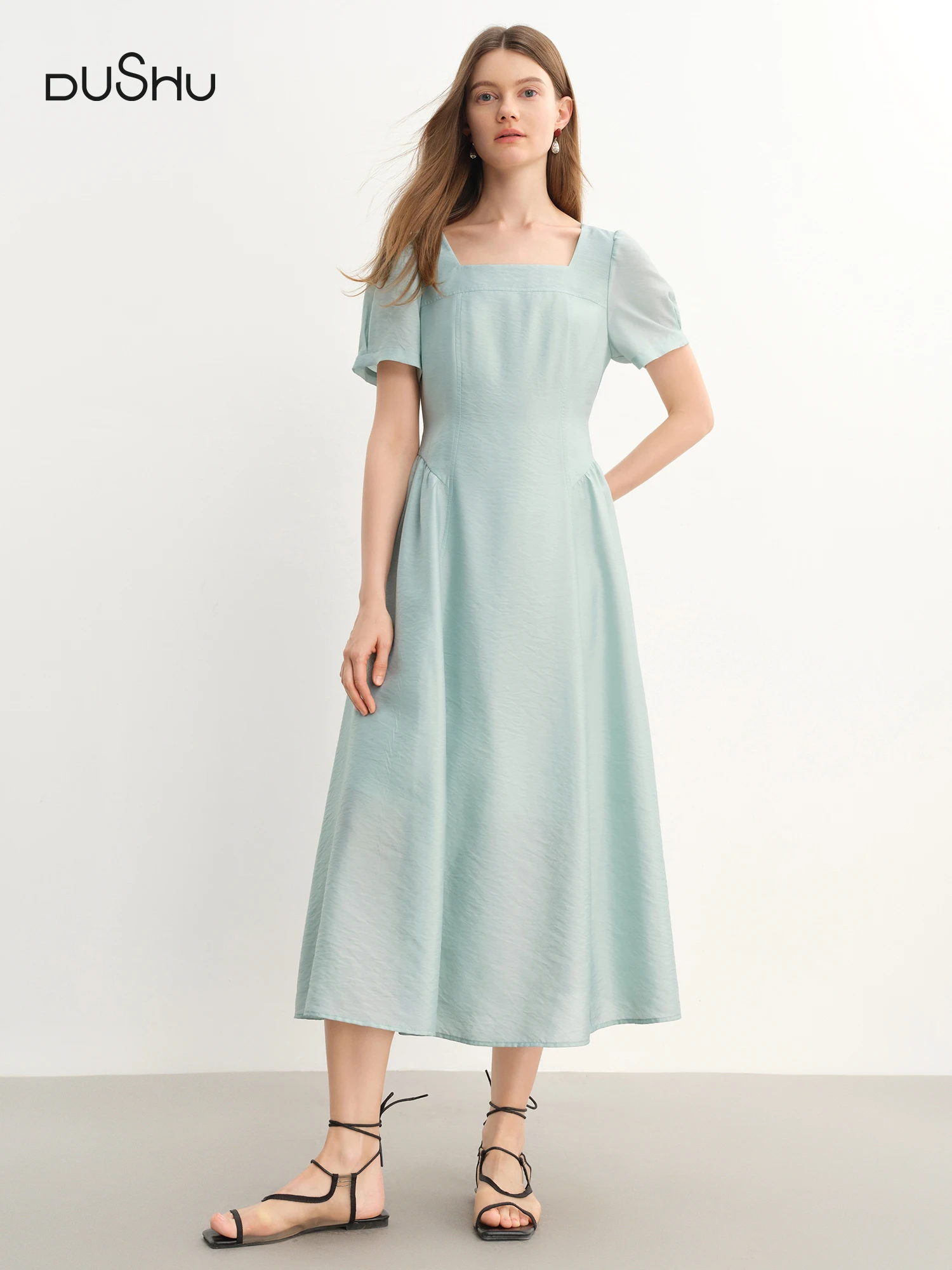 DUSHU Plus-Size Women's French Square Neckline Side Pleated Elegant Anchora Red Dress - 2025 Summer New Dresses 25DS82788